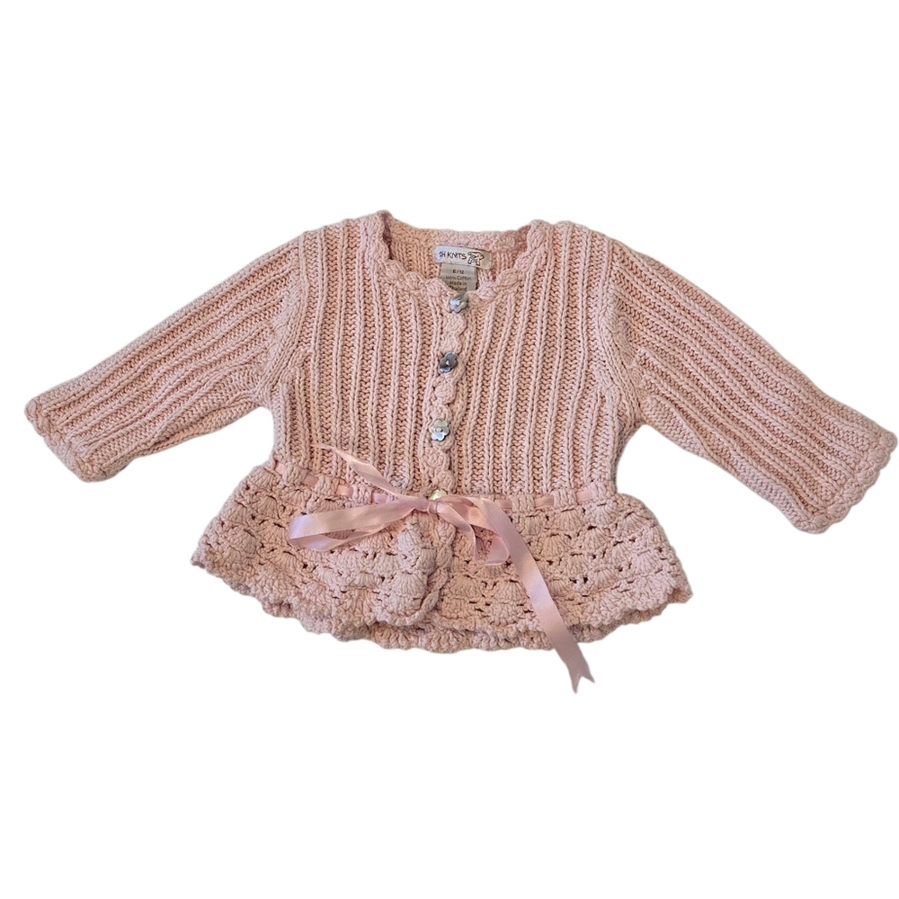 2H Knits Baby Pink Button Front Tie Waist peplum Sweater 6-12M